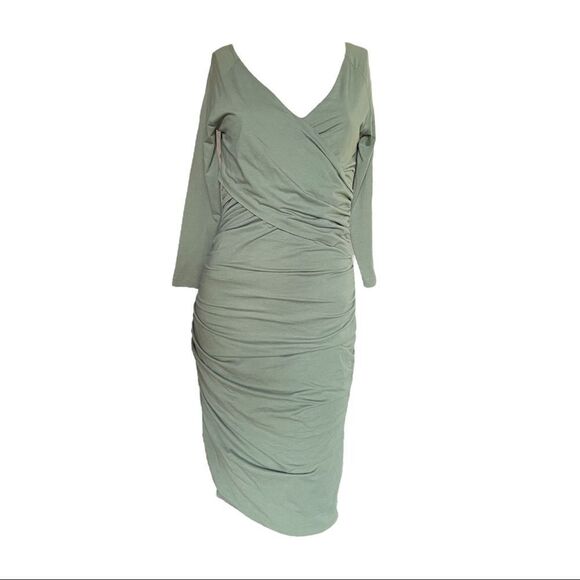 NEW Sundance Wrap Dress Ruched Fitted Knee Length Midi Sea Foam Green Women S - Picture 1 of 7
